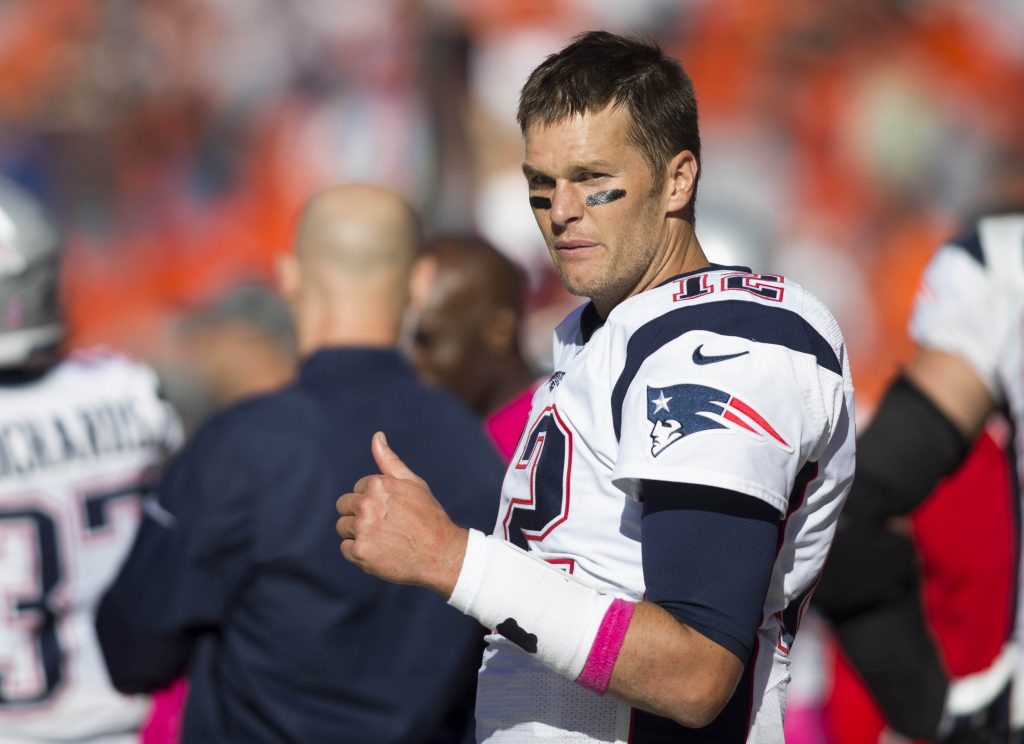 Oct 9, 2016; Cleveland, OH, USA; New England Patriots quarterback Tom Brady (12) reacts during the fourth quarter against the Cleveland Browns at FirstEnergy Stadium. The Patriots won 33-13. Mandatory Credit: Scott R. Galvin-USA TODAY Sports