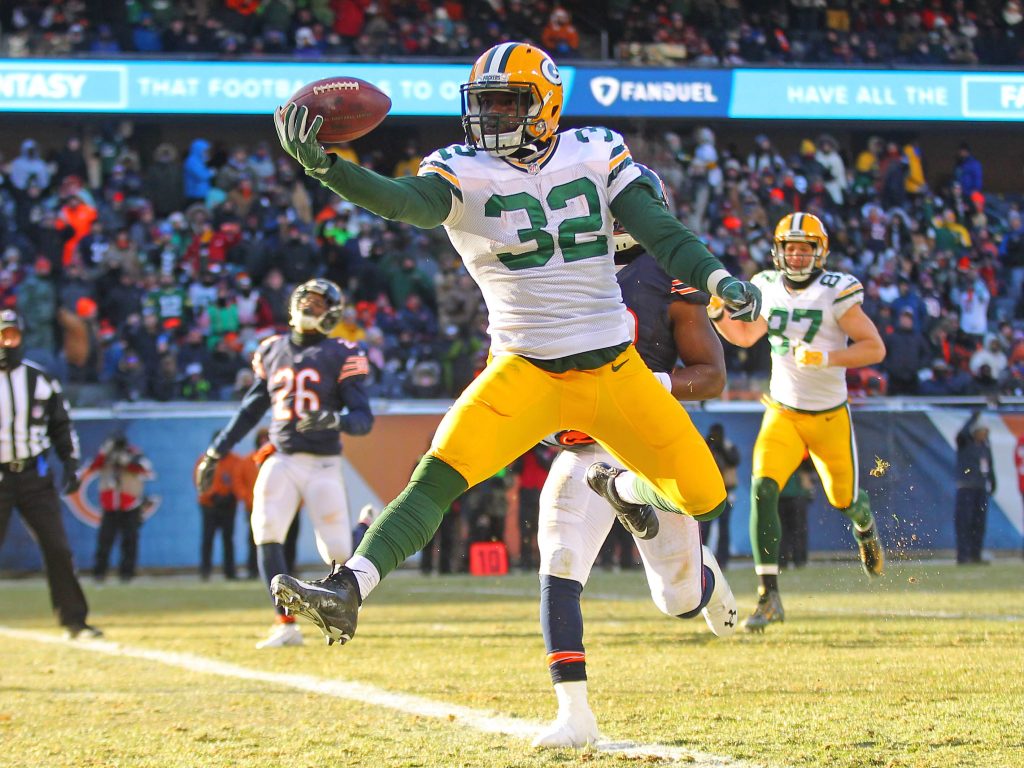 Dec 18, 2016; Chicago, IL, USA; Green Bay Packers running back Christine Michael (32) scores a touchdown during the second half against the Chicago Bears at Soldier Field. Green Bay won 30-27. Mandatory Credit: Dennis Wierzbicki-USA TODAY Sports