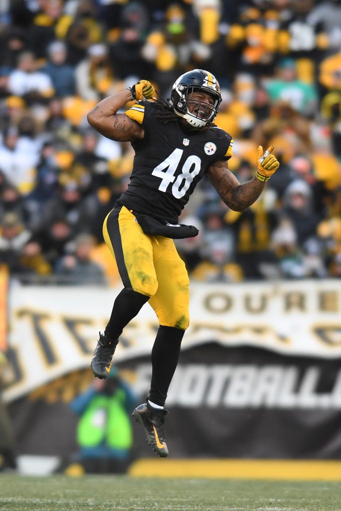 Jan 8, 2017; Pittsburgh, PA, USA; Pittsburgh Steelers outside linebacker Bud Dupree (48) celebrates after a play against the Miami Dolphins during the second half in the AFC Wild Card playoff football game at Heinz Field. Mandatory Credit: James Lang-USA TODAY Sports