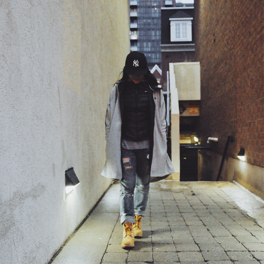 Anna Bediones @atothebed in the Nike Aeroloft 800 Vest and Timberland 6in Boot (Wheat)