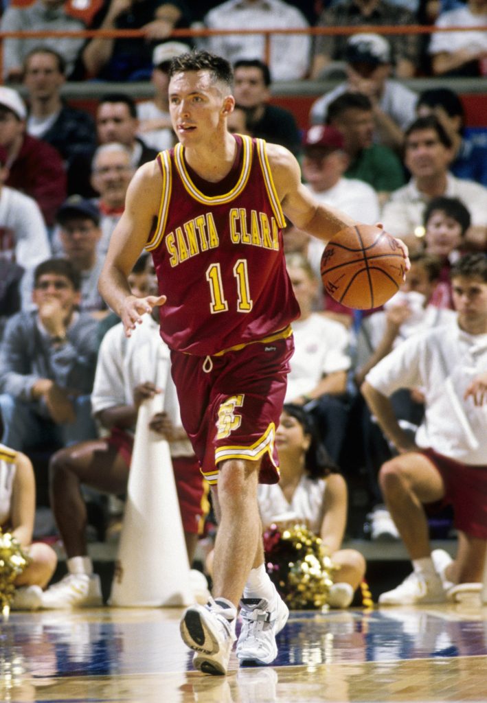 Steve Nash, Guard for the Santa Clara University Broncos dribbles