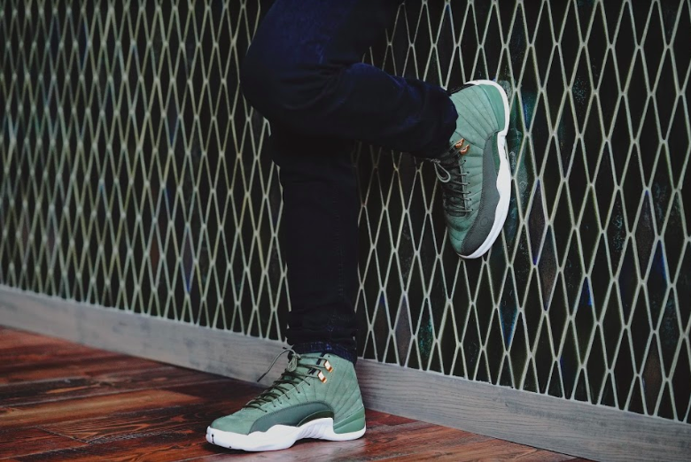 jordan 12 olive green on feet