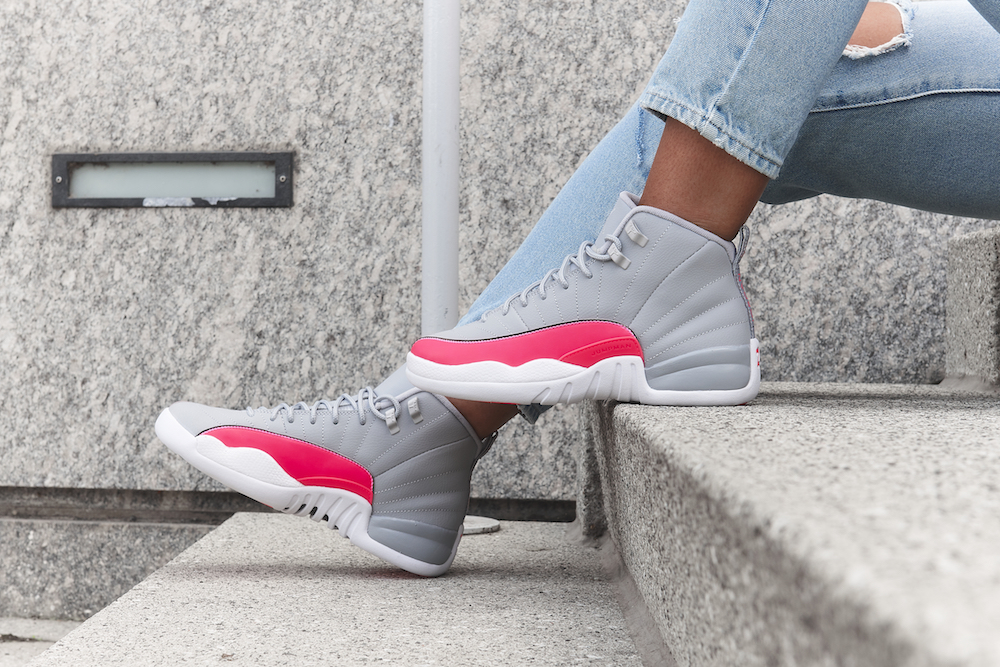 gray and pink jordan 12